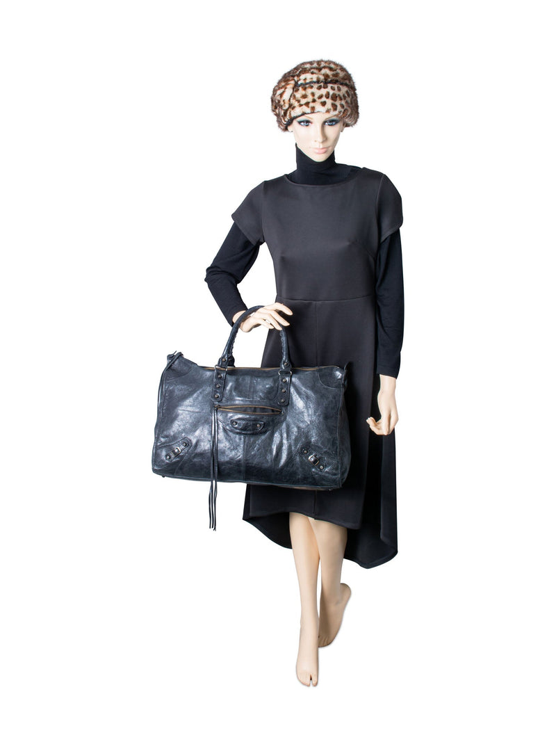 Balenciaga Distressed Leather Classic Hardware City Duffle Bag Black-designer resale