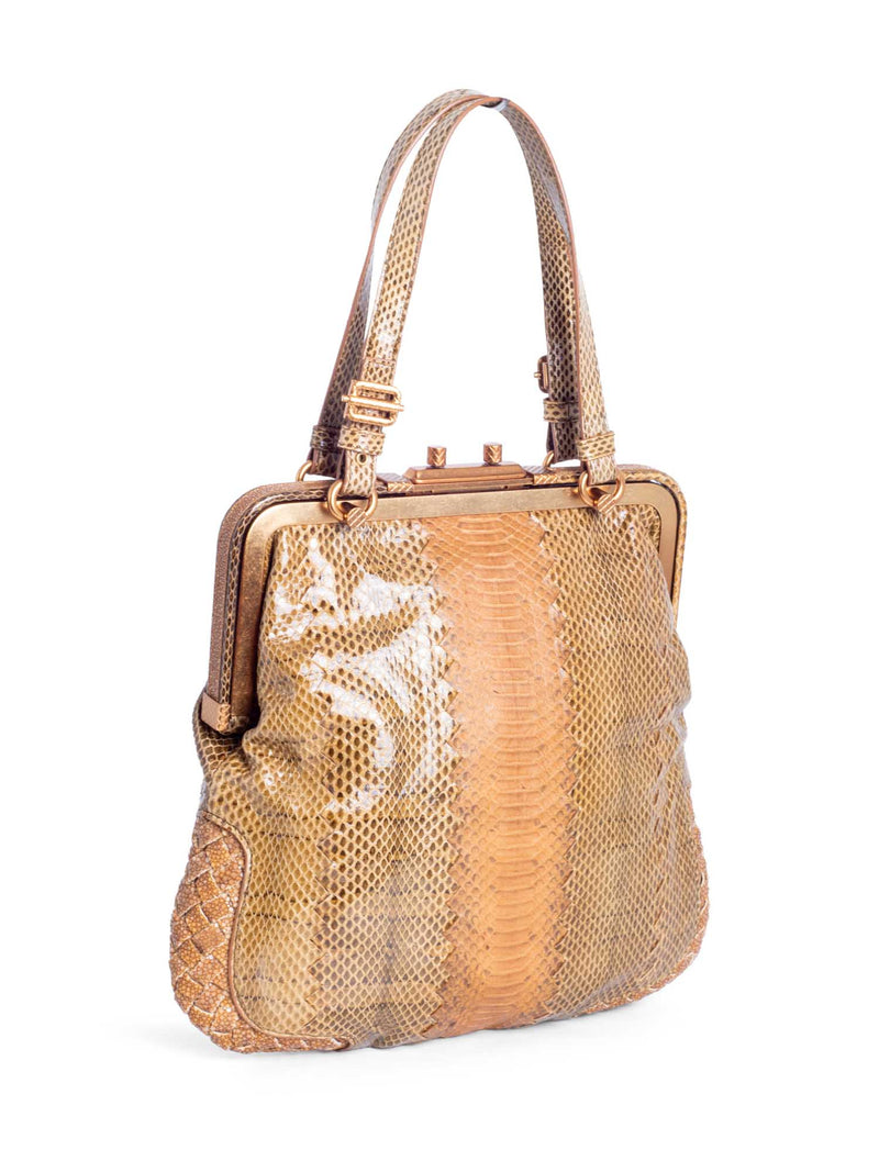 Bottega Veneta Snakeskin Intercciato Leather Top Handle Bag Brown-designer resale