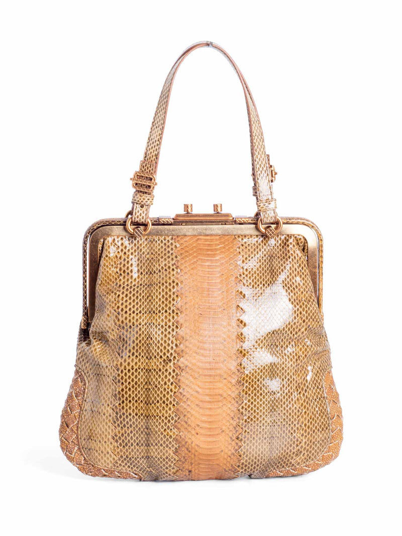 Bottega Veneta Snakeskin Intercciato Leather Top Handle Bag Brown-designer resale