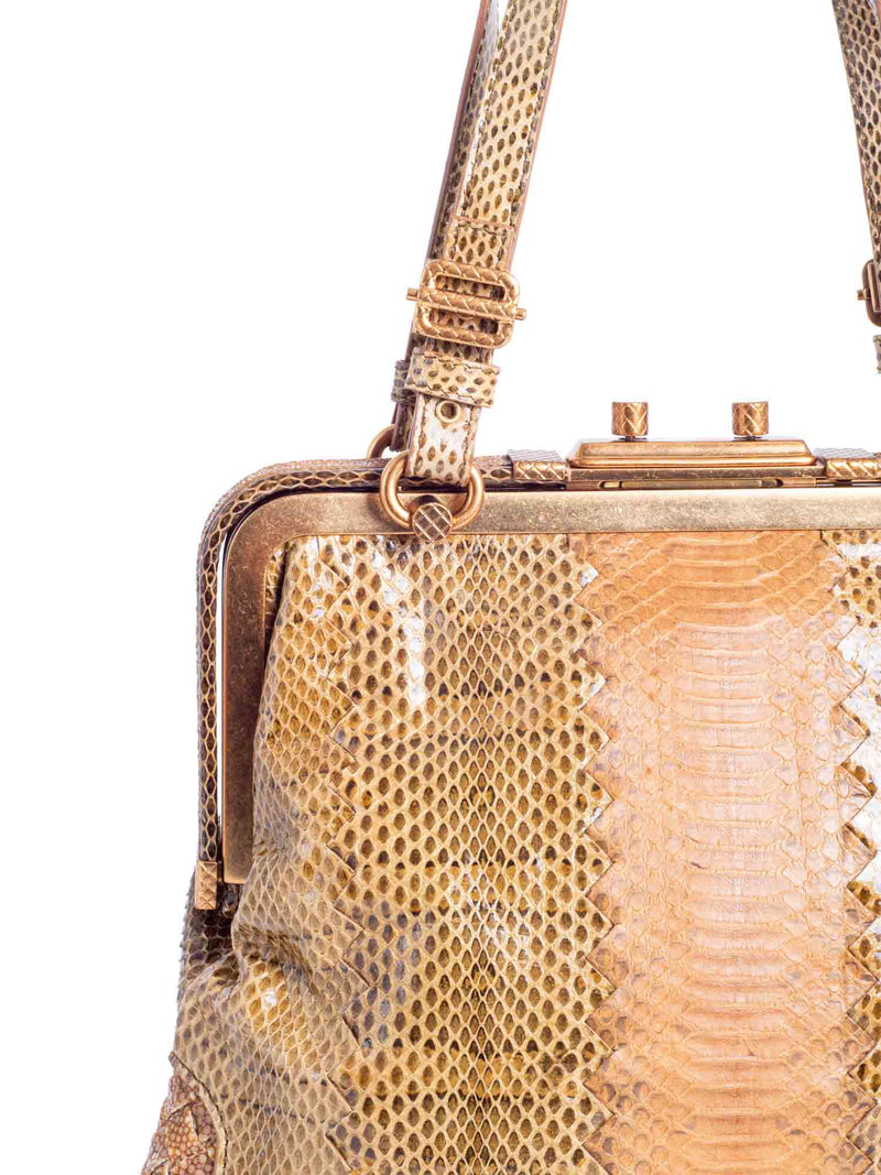 Bottega Veneta Snakeskin Intercciato Leather Top Handle Bag Brown-designer resale