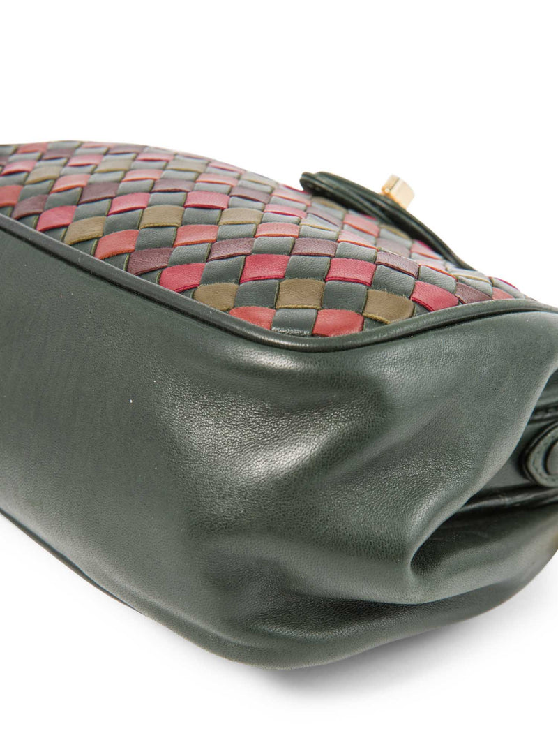 Bottega Veneta Vintage Intercciato Leather Messenger Bag Green Red Gold-designer resale