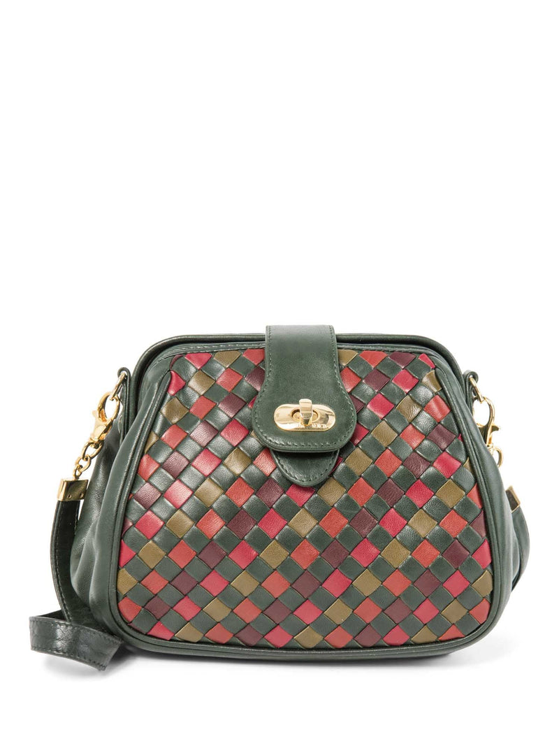 Bottega Veneta Vintage Intercciato Leather Messenger Bag Green Red Gold-designer resale