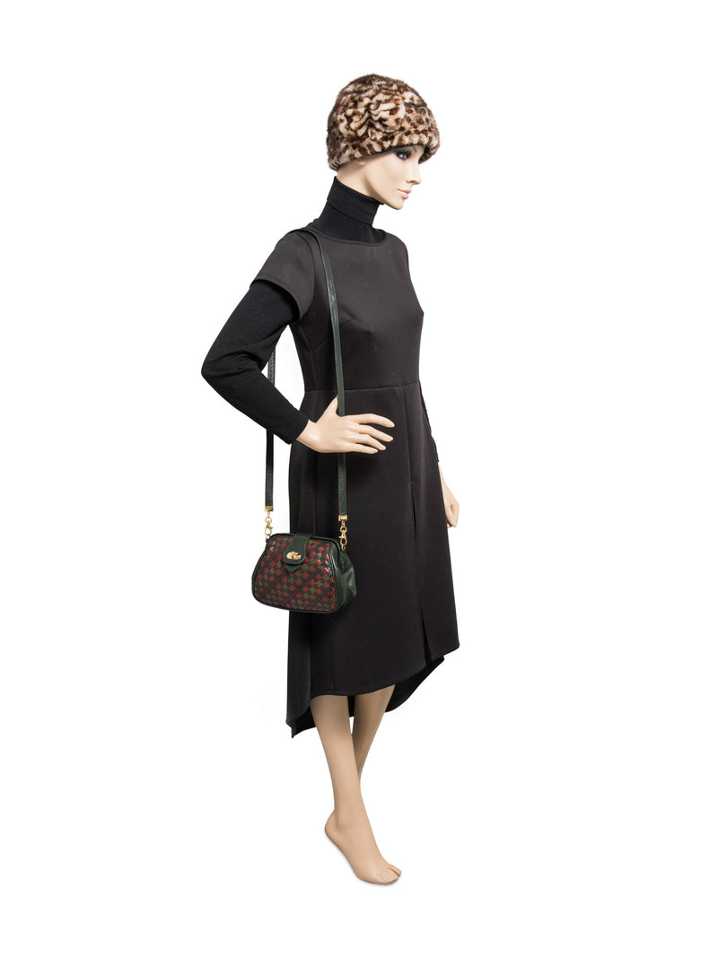 Bottega Veneta Vintage Intercciato Leather Messenger Bag Green Red Gold-designer resale