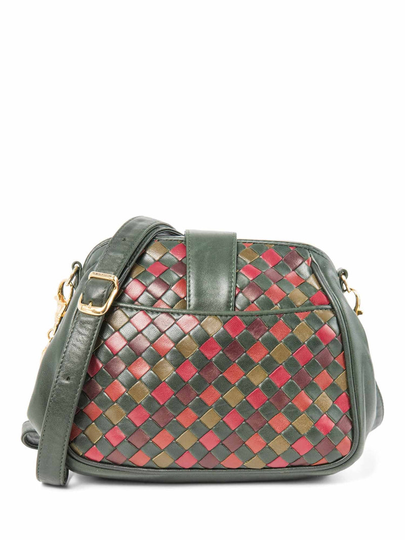 Bottega Veneta Vintage Intercciato Leather Messenger Bag Green Red Gold-designer resale