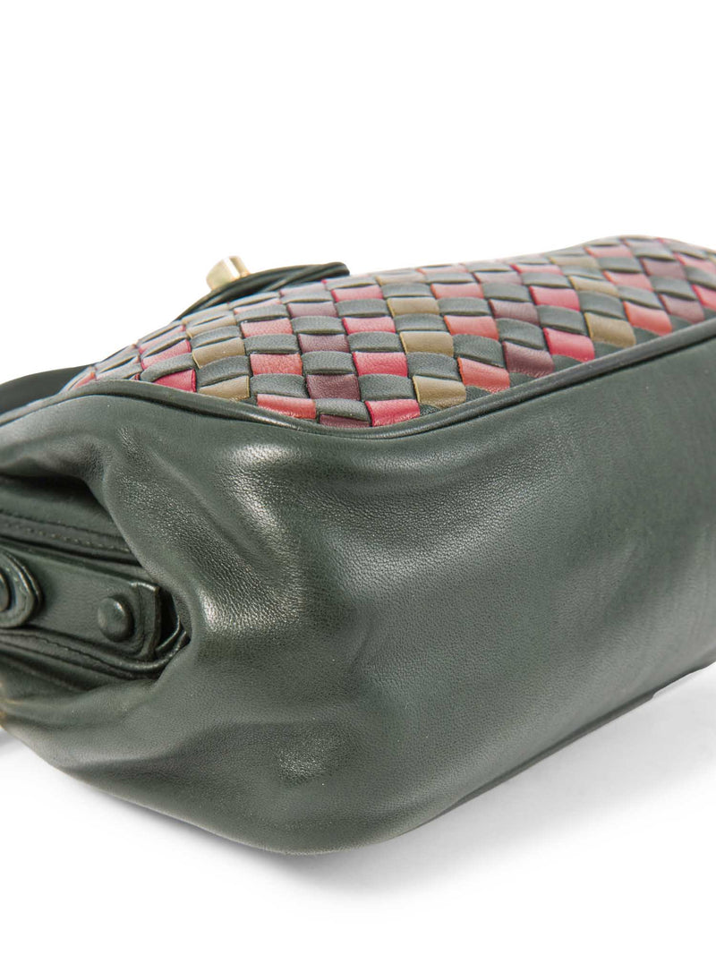 Bottega Veneta Vintage Intercciato Leather Messenger Bag Green Red Gold-designer resale