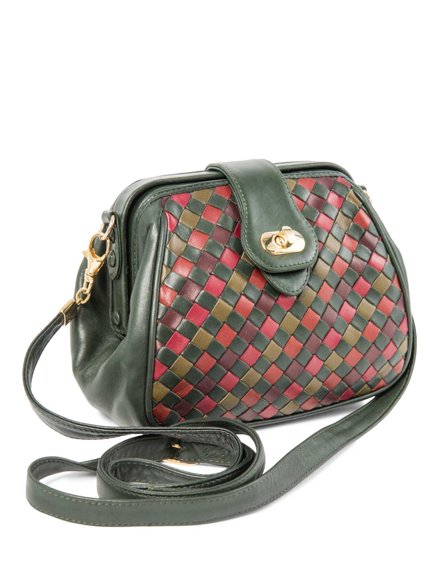 Bottega Veneta Vintage Intercciato Leather Messenger Bag Green Red Gold-designer resale