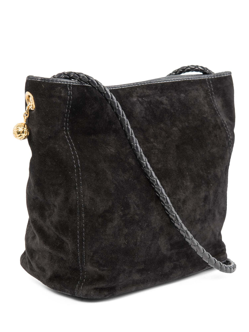Bottega Veneta Vintage Suede Top Handle Charm Hobo Bag Black Gold-designer resale