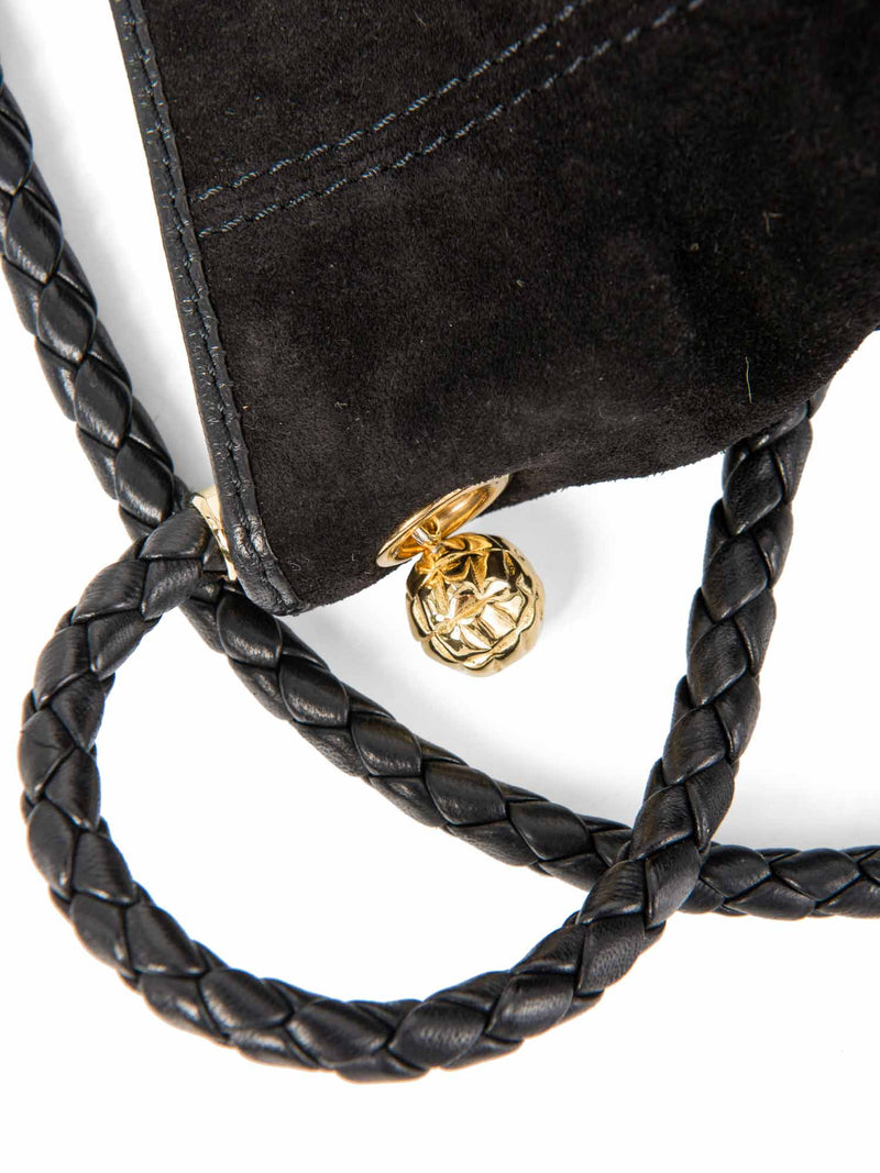 Bottega Veneta Vintage Suede Top Handle Charm Hobo Bag Black Gold-designer resale