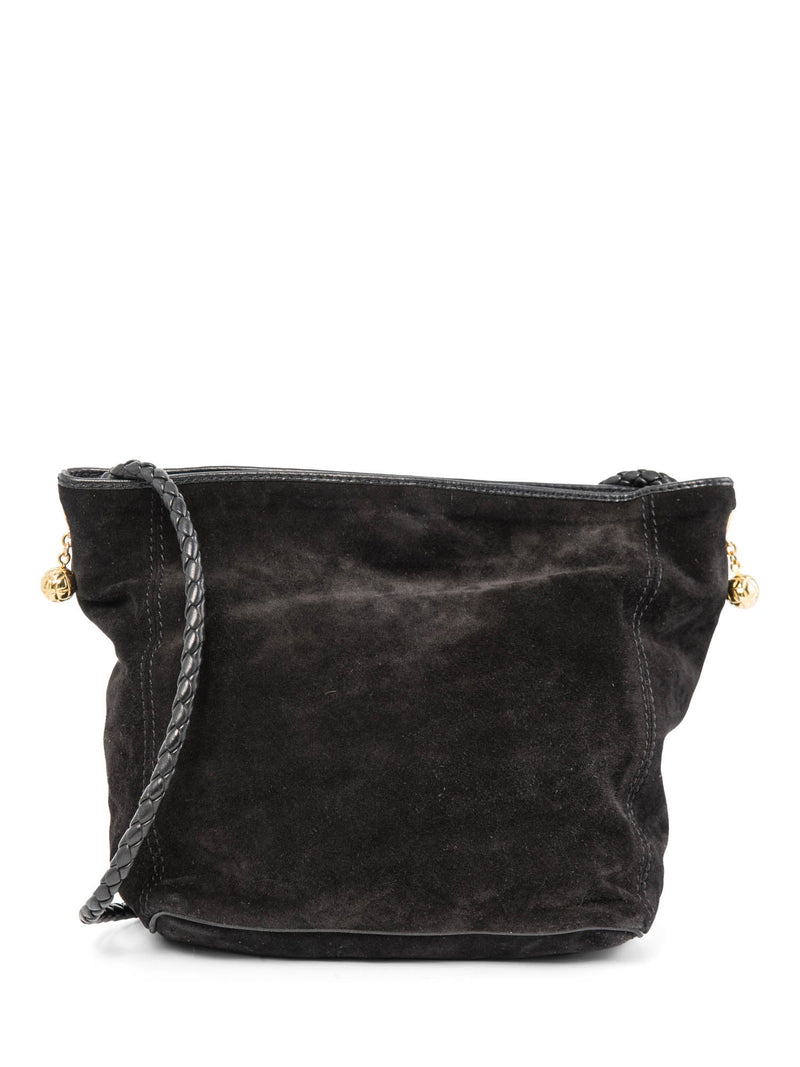 Bottega Veneta Vintage Suede Top Handle Charm Hobo Bag Black Gold-designer resale