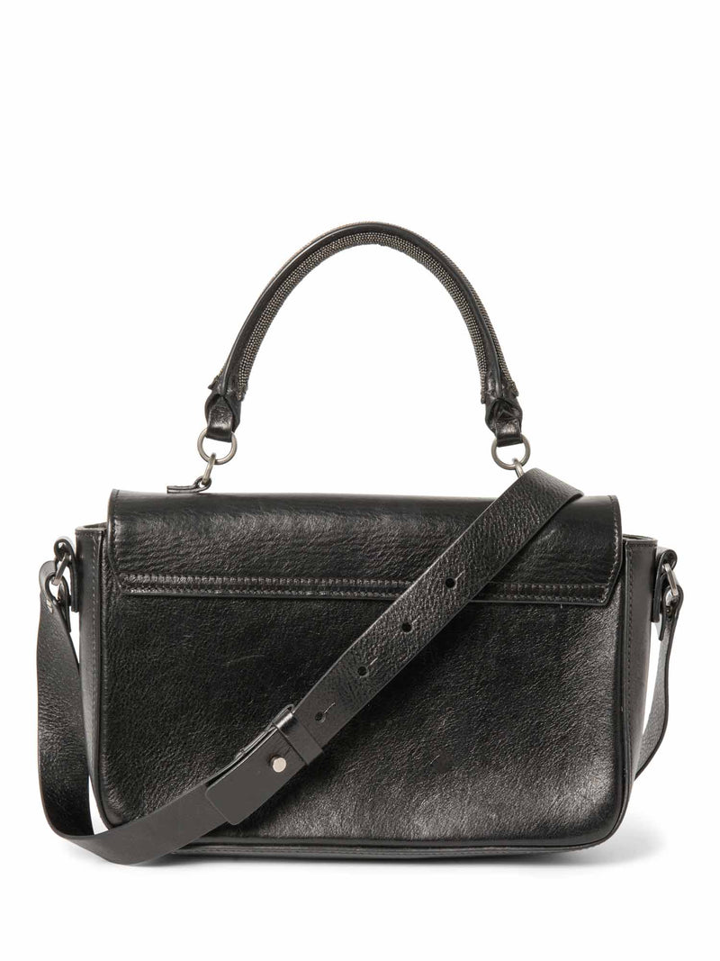 Brunello Cucinelli Leather Monili Top Handle Messenger Bag Black-designer resale