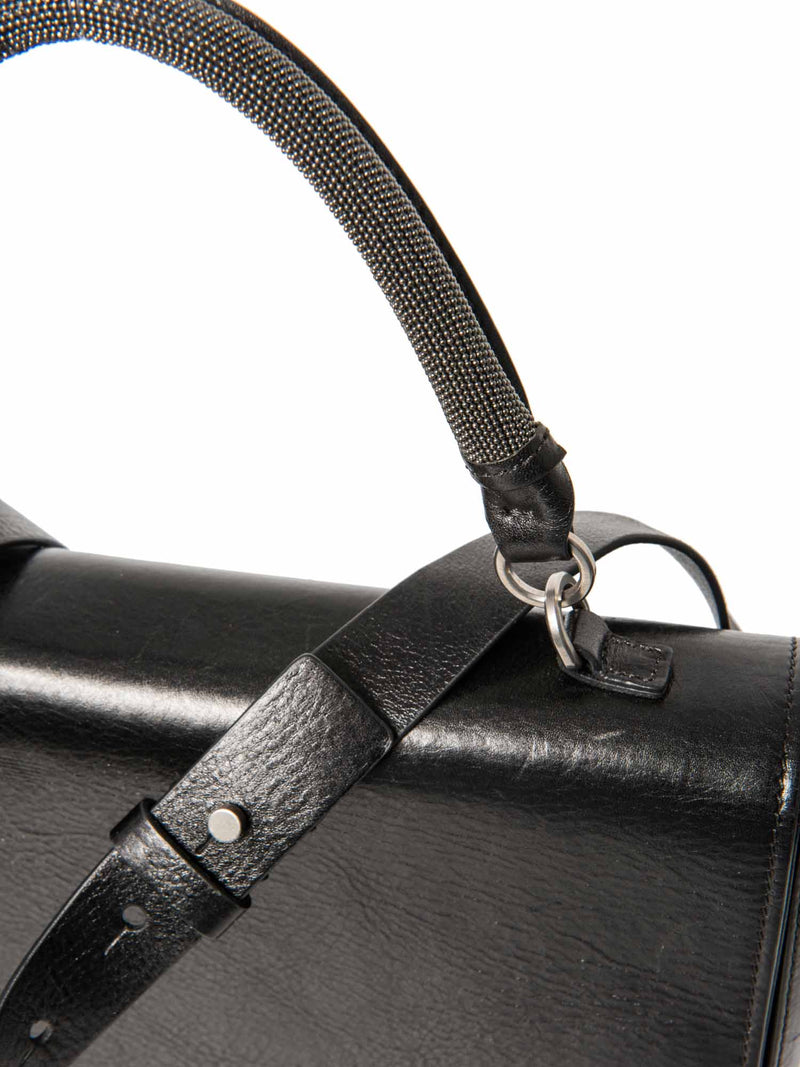 Brunello Cucinelli Leather Monili Top Handle Messenger Bag Black-designer resale