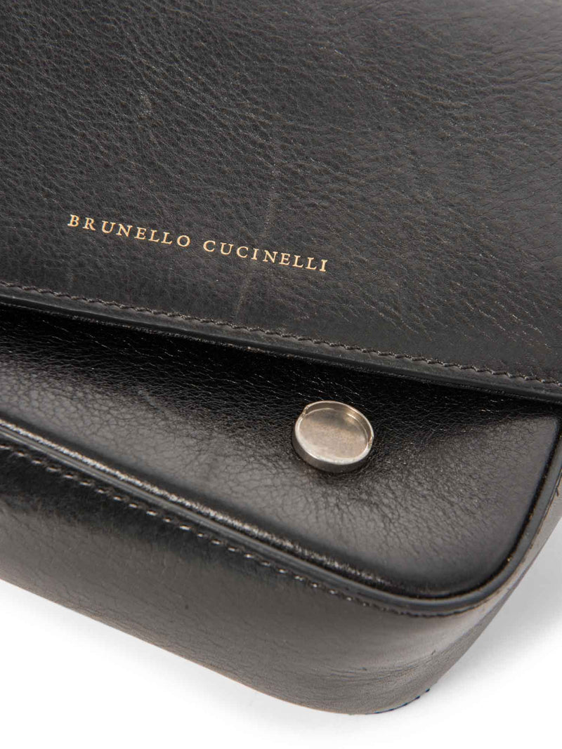 Brunello Cucinelli Leather Monili Top Handle Messenger Bag Black-designer resale