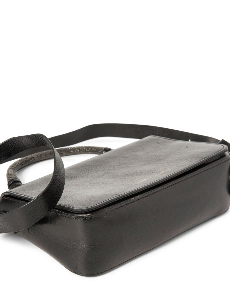 Brunello Cucinelli Leather Monili Top Handle Messenger Bag Black-designer resale