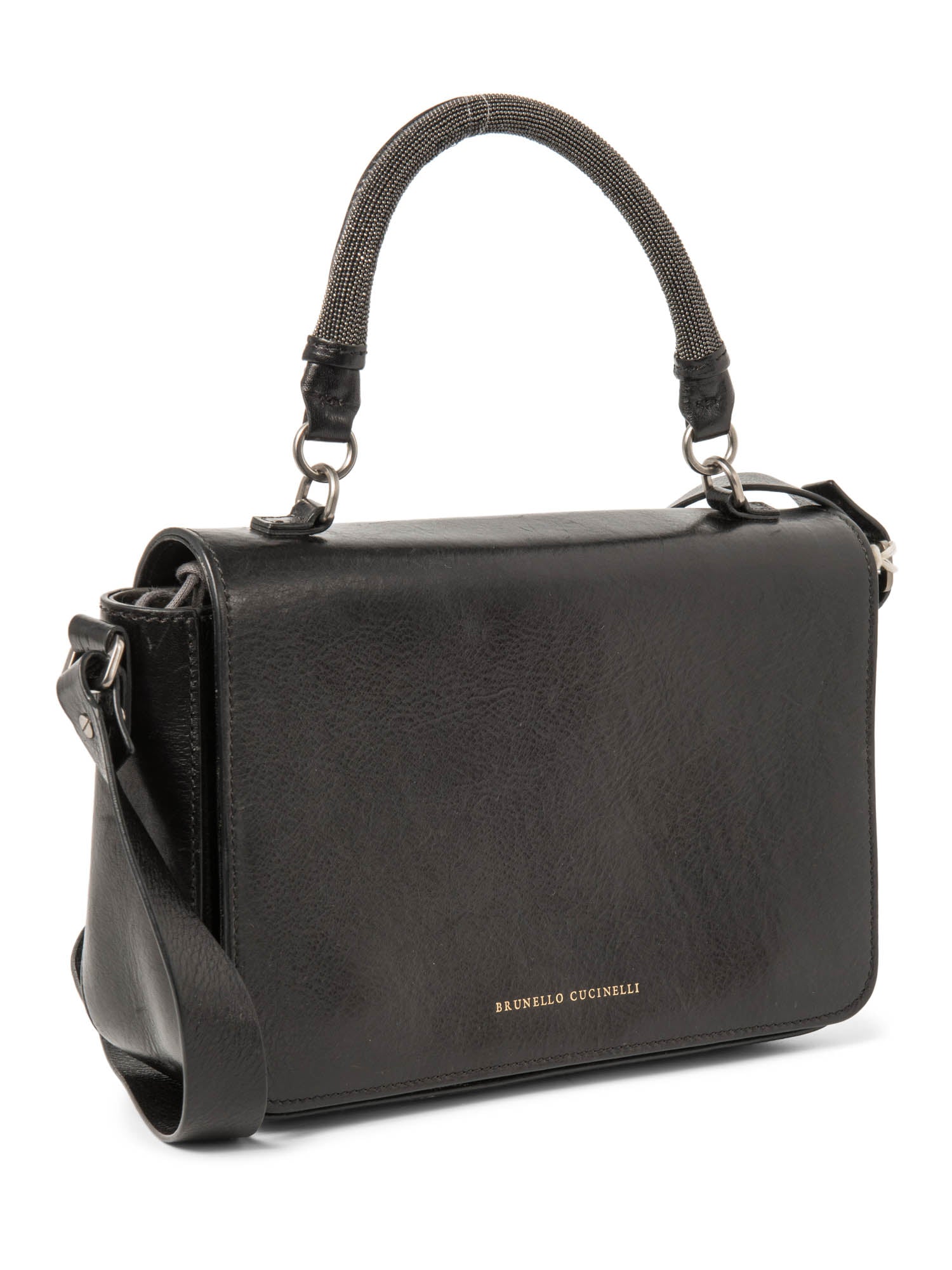 Brunello Cucinelli Leather Monili Top Handle Messenger Bag Black-designer resale
