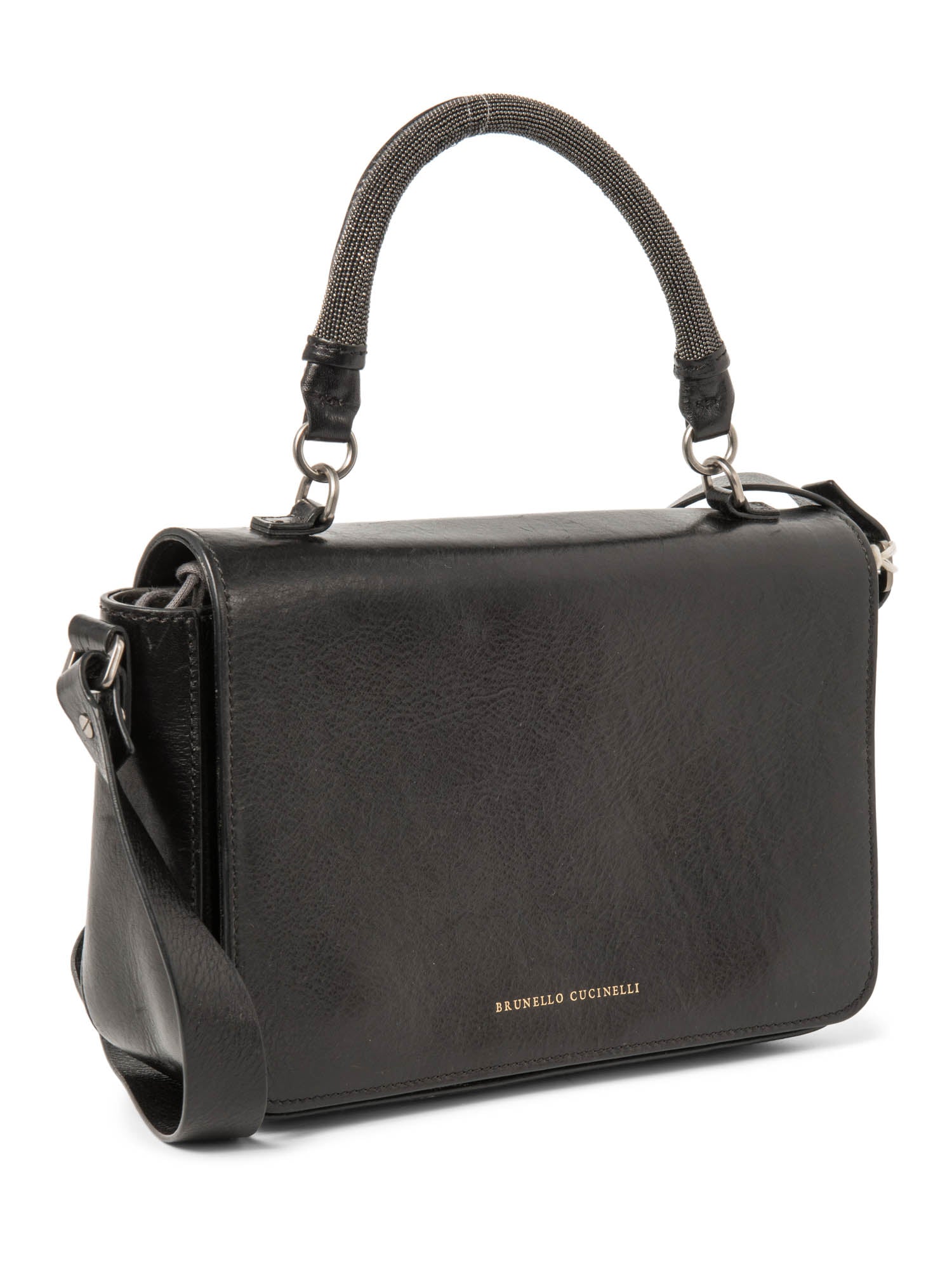 Brunello Cucinelli Leather Monili Top Handle Messenger Bag Black