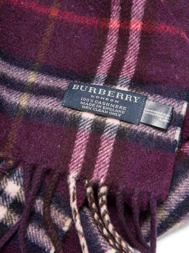 Burberry Cashmere House Check Fringe Scarf Burgundy-designer resale