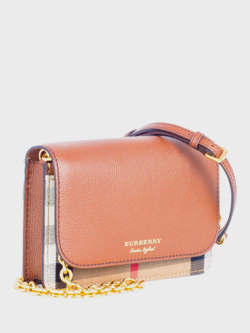 Burberry Leather Hampshire House Check Wallet on Chain Brown Gold-designer resale