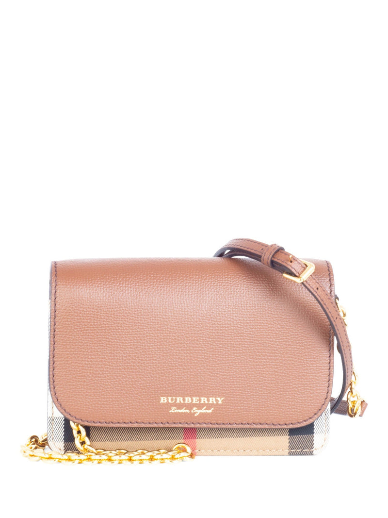Burberry Leather Hampshire House Check Wallet on Chain Brown Gold-designer resale