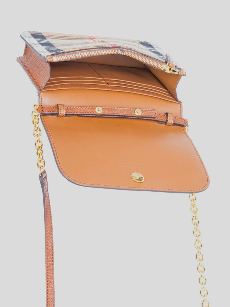 Burberry Leather Hampshire House Check Wallet on Chain Brown Gold-designer resale