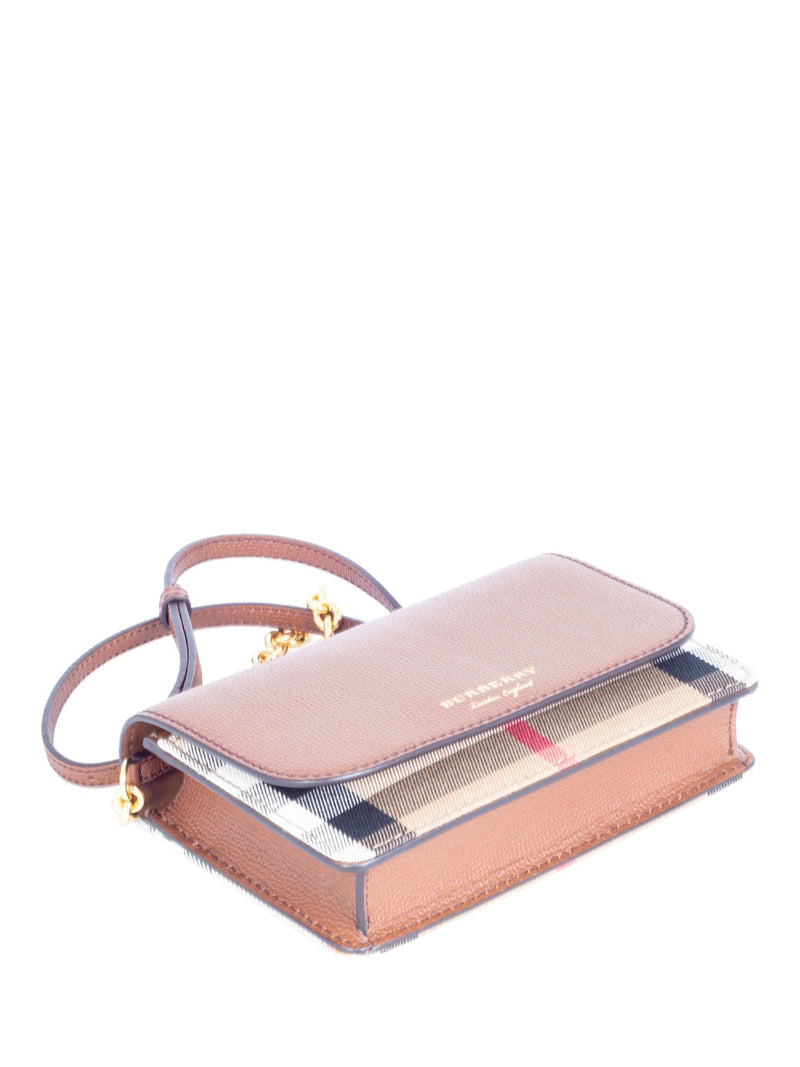 Burberry Leather Hampshire House Check Wallet on Chain Brown Gold-designer resale