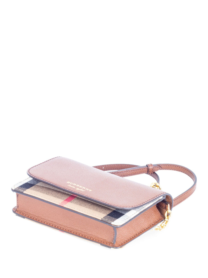 Burberry Leather Hampshire House Check Wallet on Chain Brown Gold-designer resale