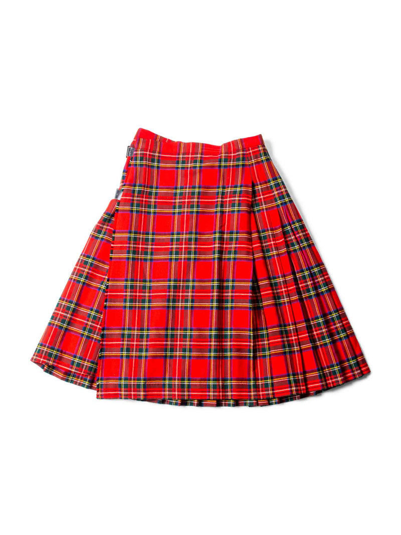 Burberry Vintage Wool Tartan Wrap Kilt Pleated Skirt Red Green-designer resale
