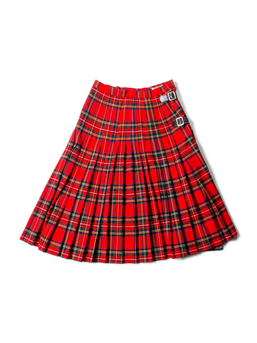 Burberry Vintage Wool Tartan Wrap Kilt Pleated Skirt Red Green