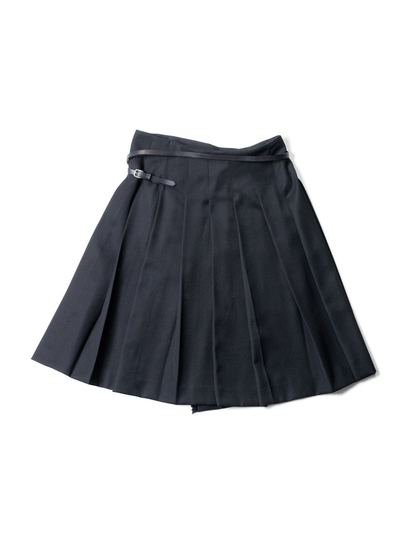 Burberry Wool Belted Pin Pleated Fringe Skirt Black-designer resale