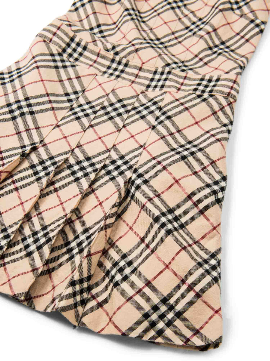 Burberry Wool Logo Nova Check Pleated Mini Dress Beige