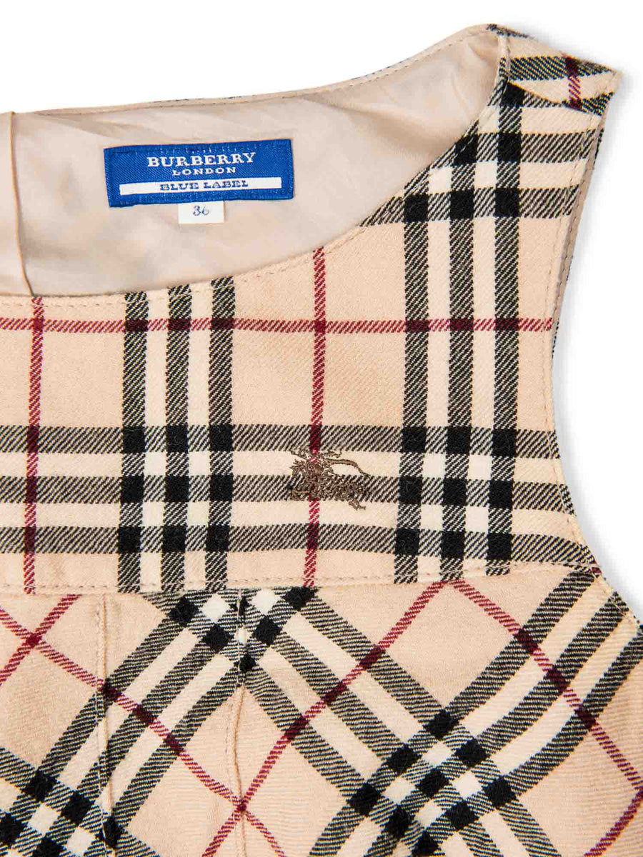 Burberry Wool Logo Nova Check Pleated Mini Dress Beige