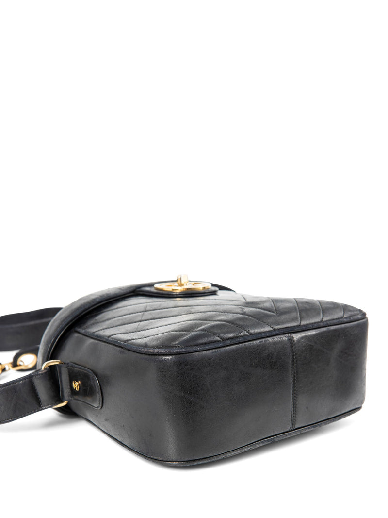 CHANEL CC Logo 24K Gold Plated Chevron Quilted Leather Globe Trotter Black-designer resale