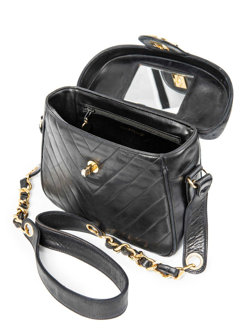 CHANEL CC Logo 24K Gold Plated Chevron Quilted Leather Globe Trotter Black-designer resale