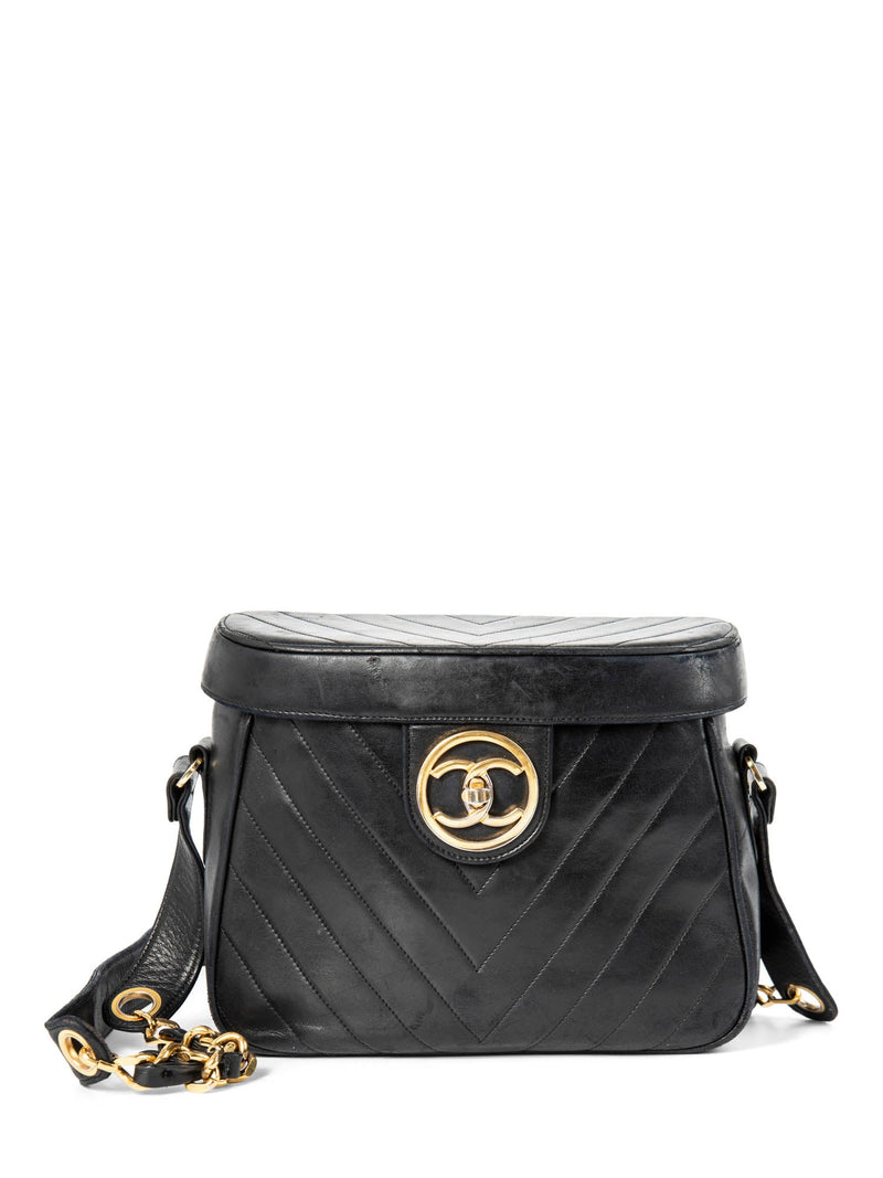 CHANEL CC Logo 24K Gold Plated Chevron Quilted Leather Globe Trotter Black-designer resale