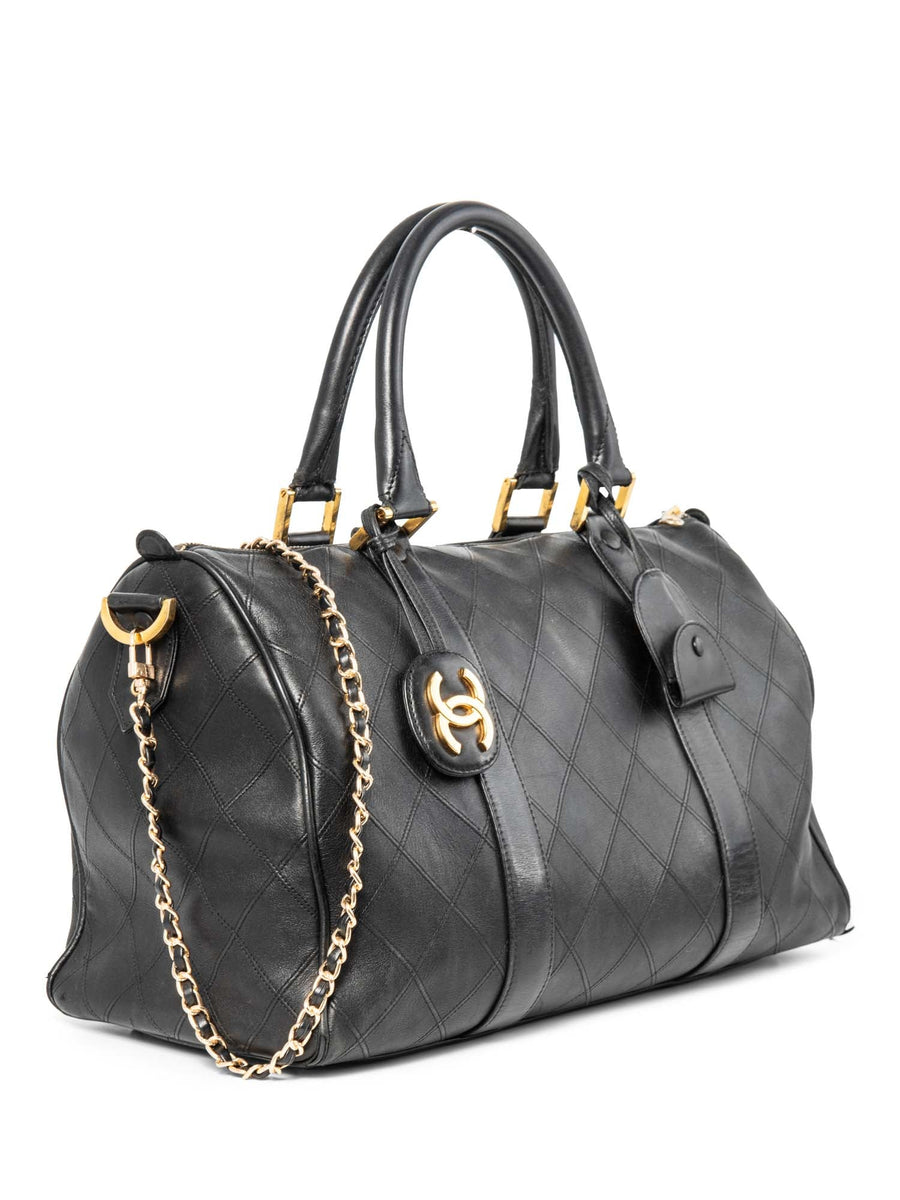 ★NlCK&NLCOLE★ VINTAGE LEATHER CRYSTAL BOSTON BAG_BLACK CHANEL-CC-Logo-24K-Gold-Plated
