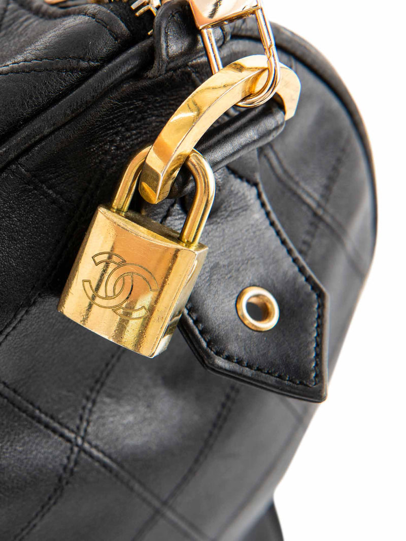 CHANEL CC Logo 24K Gold Plated Quilted Leather Boston Messenger Bag Black-designer resale