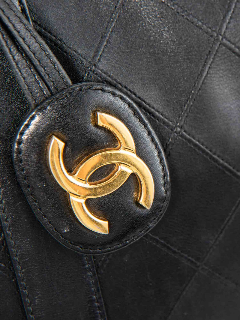 CHANEL CC Logo 24K Gold Plated Quilted Leather Boston Messenger Bag Black-designer resale