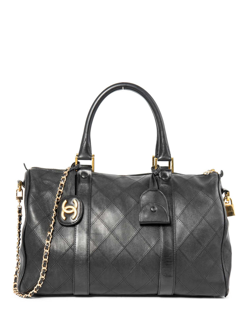 CHANEL CC Logo 24K Gold Plated Quilted Leather Boston Messenger Bag Black-designer resale