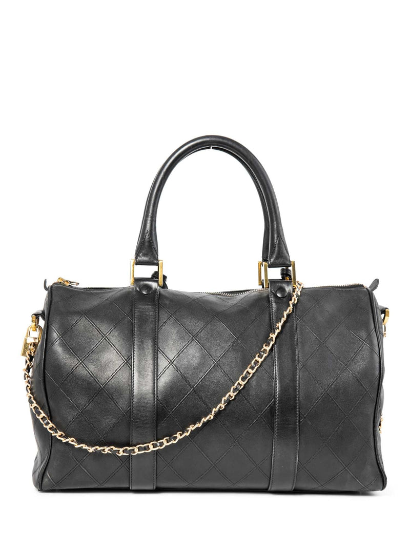 CHANEL CC Logo 24K Gold Plated Quilted Leather Boston Messenger Bag Black-designer resale