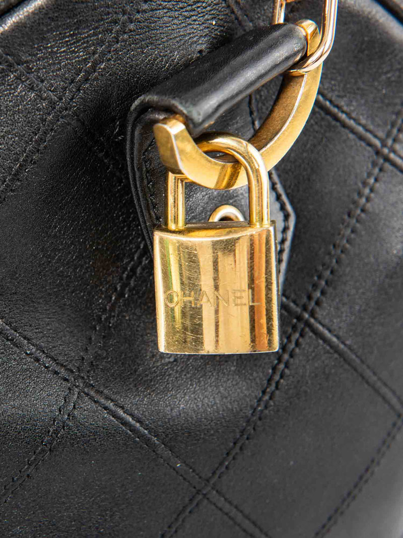 CHANEL CC Logo 24K Gold Plated Quilted Leather Boston Messenger Bag Black-designer resale