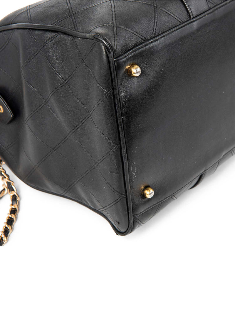 CHANEL CC Logo 24K Gold Plated Quilted Leather Boston Messenger Bag Black-designer resale