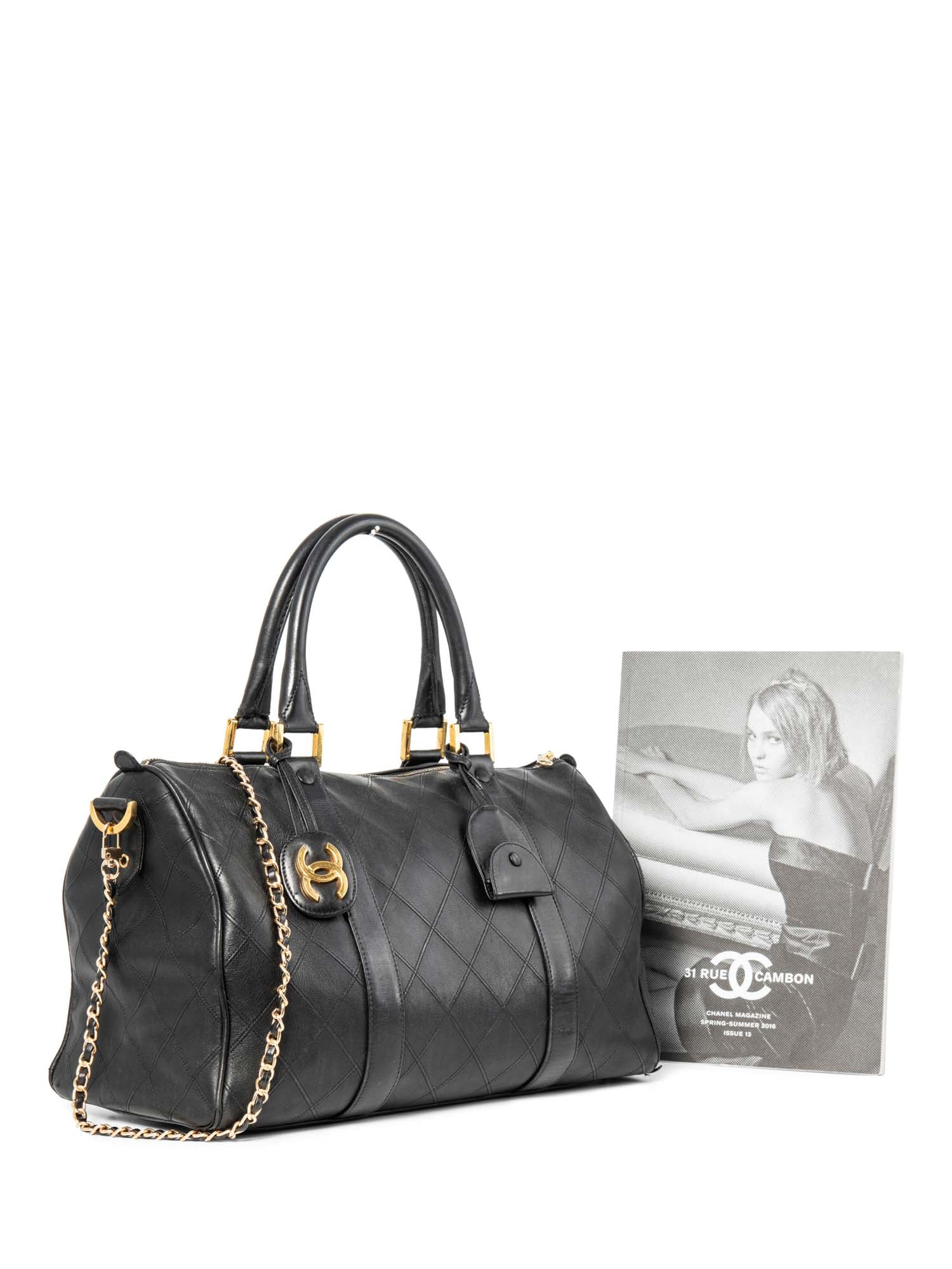 CHANEL CC Logo 24K Gold Plated Quilted Leather Boston Messenger Bag Black-designer resale