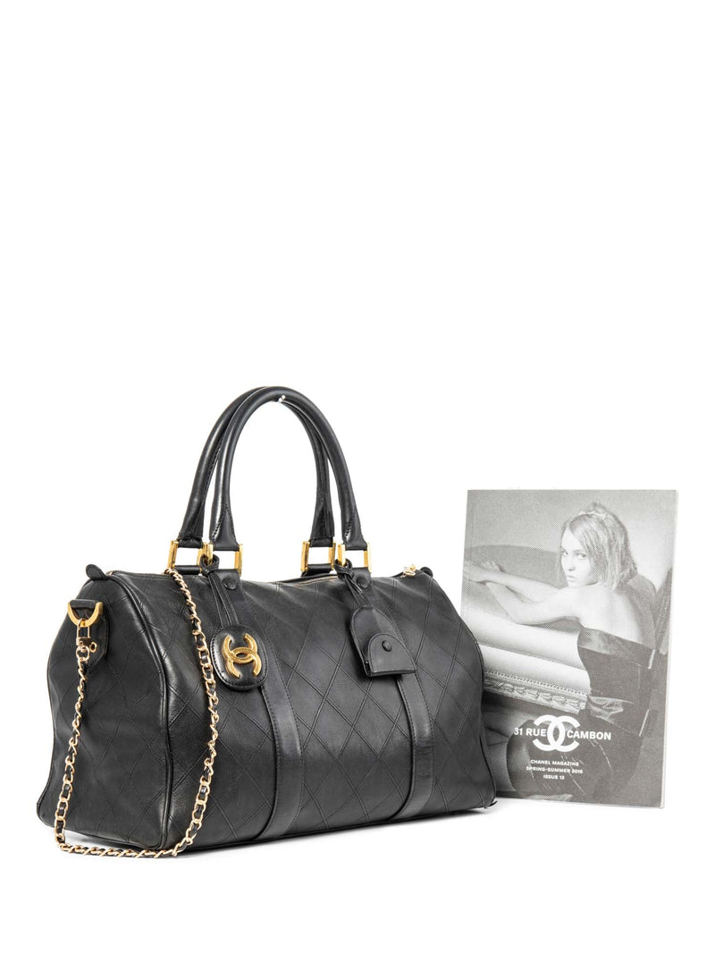 CHANEL CC Logo 24K Gold Plated Quilted Leather Boston Messenger Bag Black-designer resale
