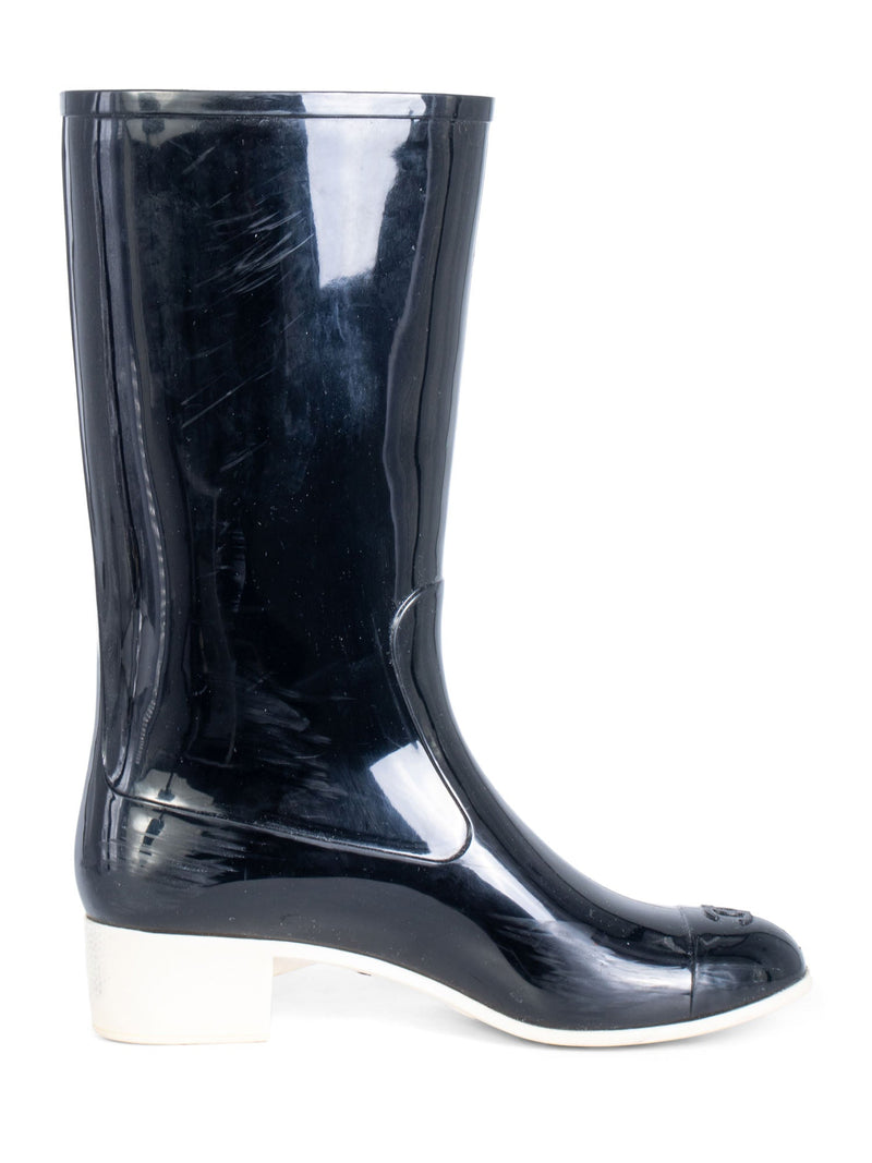 CHANEL CC Logo Camellia Flower Rain Boots Black Ivory-designer resale