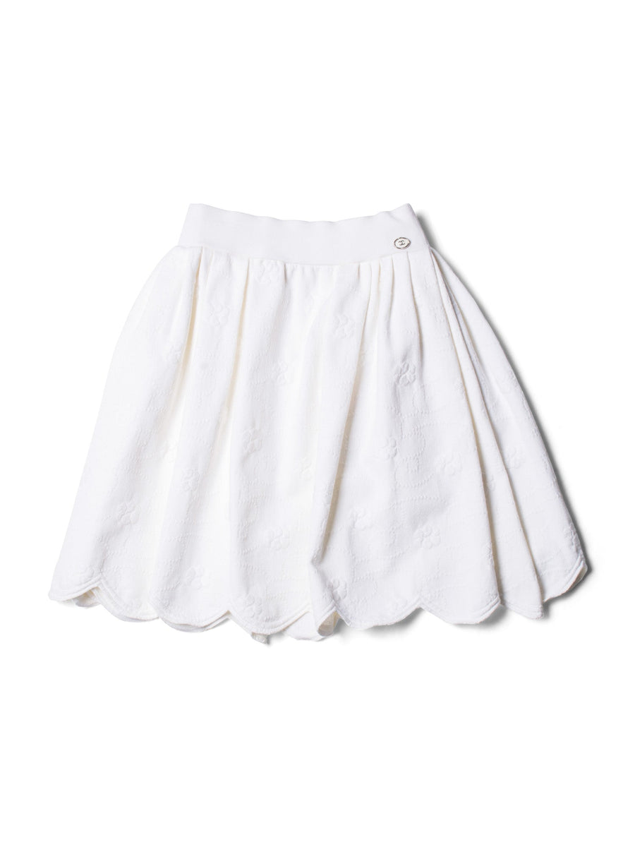 CHANEL CC Logo Camellia Knit Aline Mini Skirt White