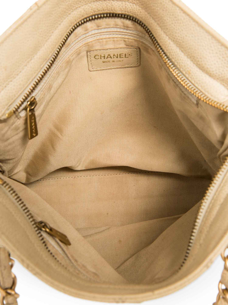 CHANEL CC Logo Caviar Leather Quilted Shopper Bag Ivory Gold-designer resale