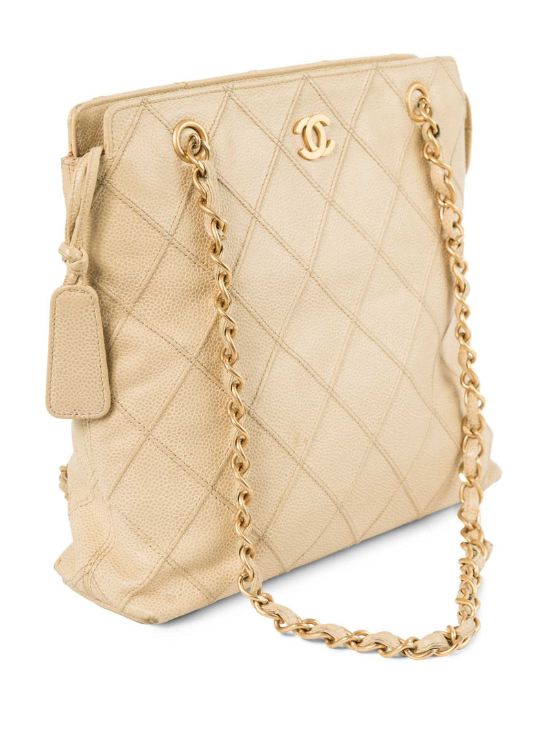 CHANEL CC Logo Caviar Leather Quilted Shopper Bag Ivory Gold-designer resale
