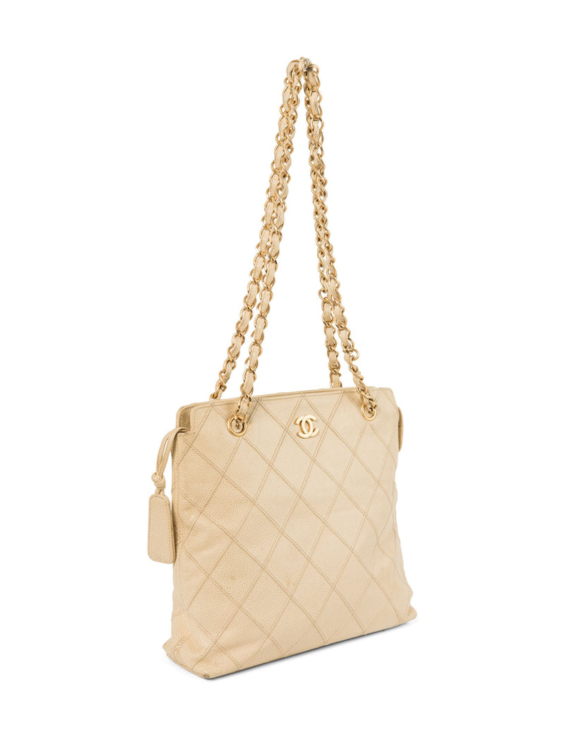 CHANEL CC Logo Caviar Leather Quilted Shopper Bag Ivory Gold-designer resale