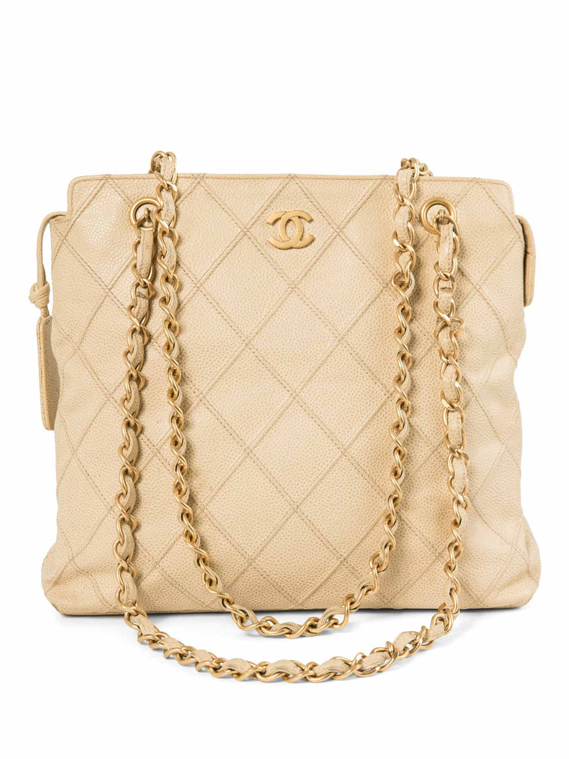 CHANEL CC Logo Caviar Leather Quilted Shopper Bag Ivory Gold-designer resale