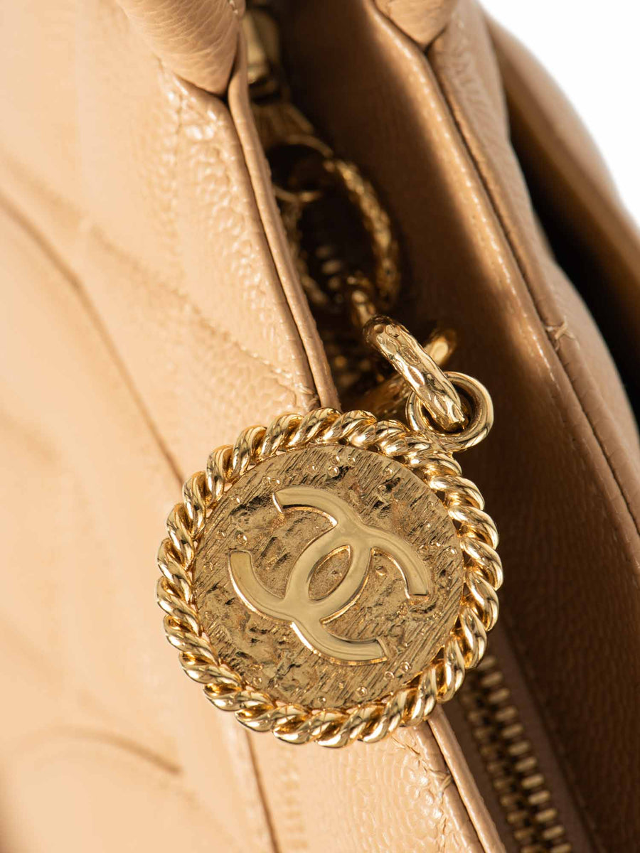 CHANEL CC Logo Caviar Leather Top Handle Shoulder Bag Beige Gold