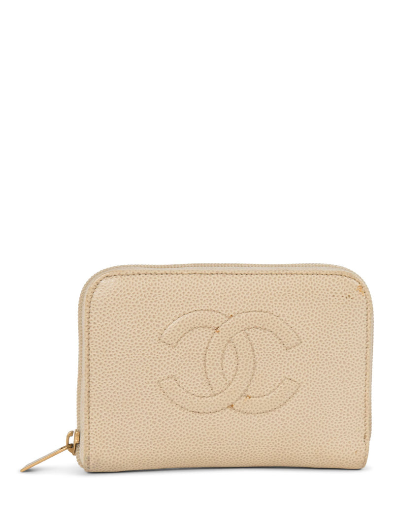 CHANEL CC Logo Caviar Leather Zippered Wallet Ivory-designer resale